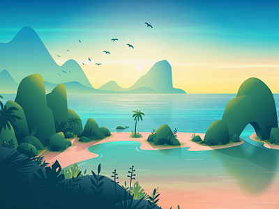Tropical Escape Wallpaper background beach birds illustration island landscape mountains nature plants sunrise tropical