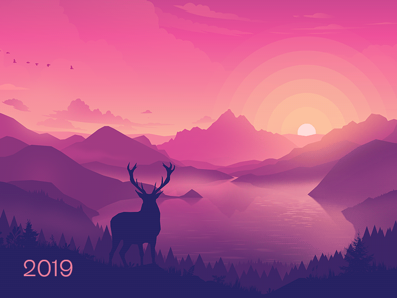 Lakeside 2019 animals background gradient illustration landscape mountains nature sunrise sunset vector wallpaper