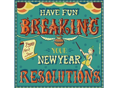 Hand-lettered new year greeting card adobe bengal pattachithra break childrensbook dahi handi digitalart fun goals graphic design greeting handlettering illustration kidlit krishna motivation newyear obstacles resolutions uriyadi vector