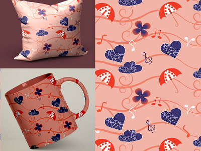 Seamless vector pattern with heart, umbrella, flower