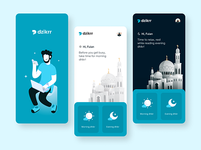 Dzikrr - Mobile App for Reading Dhikr Morning and Evening. app blue app character design dhikr dzikrr hdcraft icon evening icon morning illustration logo mobile mosque mosque flat mosque illustration muslim reading app ui ux vector