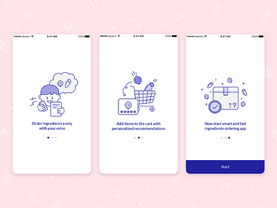 Onboarding screens for voice ordering app graphic illustration onboard ui voice ordering