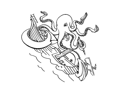 Quick Kraken Ship Attack Doodle illustration line art vector