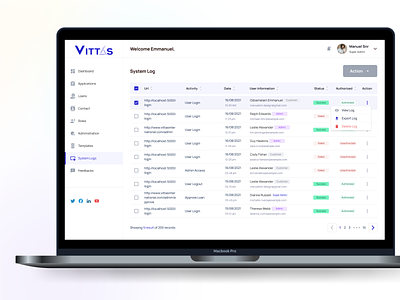 System Log | Vittas International business design finance fintech lending responsiveness small business system log ui user activity user log ux design