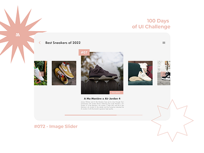 100 Days of UI - Day #072 (Image Slider) adobe xd app app design branding dailyui dailyui 72 dailyui day 72 day 072 day 72 design figma graphic design illustration image slider image slider design logo sneaker ui vector website design