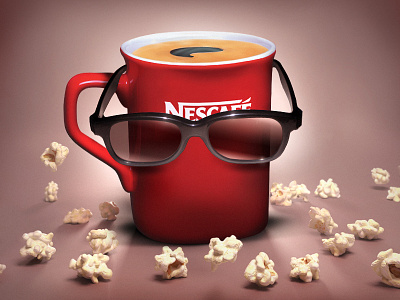 Nescafe cinema 3d cgi cinema coffee cup george glasses illustration lyras nescafe popcorn red