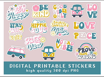 Hippie Vibes Digital Printable Stickers animation branding design graphic design illustration logo svg file vector