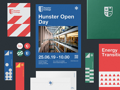 Hunster College blue branding college colors education geometric green red university visual identity