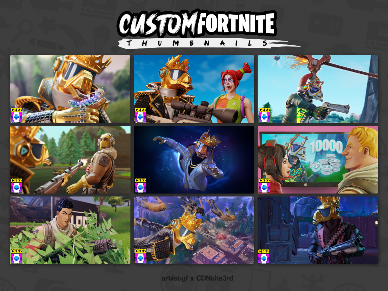 Custom Fortnite thumbnails for gaming videos 3d 3d artist artist blender cdnthe3rd composition creative design creator design designer fortnite game gaming illustration photoshop strategy thumbnail thumbnails views youtube