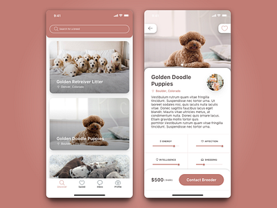 Dog Breeder App dogs iphone x mobile app mobile app design mobile card ui