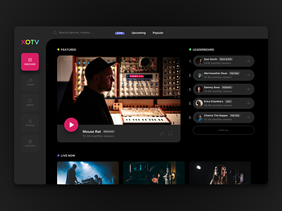 Web Dashboard for XOTV dark ui live concerts music artist music dashboard web dashboard