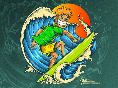 Wave Mania beach character holiday illustration man play sport sunset surfing vector wave