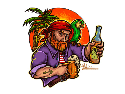 Sunset Beer beer beers bottle drink glass of beer illustration isolated man parrot pirate sunset vector