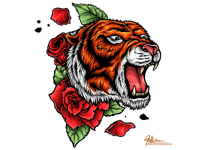 Tiger & Roses animal drawing illustration isolated leaves power roar roses tattoo tiger vector wild