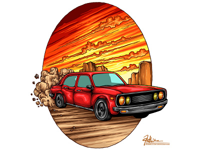 Sunsetdrive canyon car drive hill illustration machine power retro speed sunset vector vintage