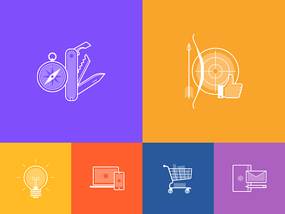 Icon set for IDM agency site branding compass design icon idea knife lightbulb notebook shopping swiss target web