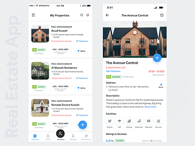 Real Estate App blue theme card listing card view detail page detail view ios app ios design list view listing properties property app property listing real estate real estate app realestate realestate broke restaurant restaurant app restaurant listing tab bar