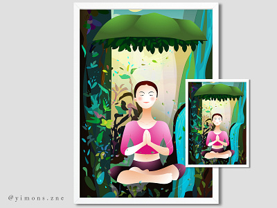 Peaceful Yoga Illustration adobe ai forest girl green illustration peaceful trees waterfall yoga