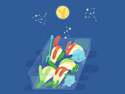 Moon viewing for apple bunnies cartoon fantasy food illustration vector