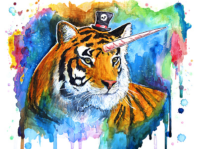 The Tigress With a Dream drawing painting skull tiger unicorn watercolor