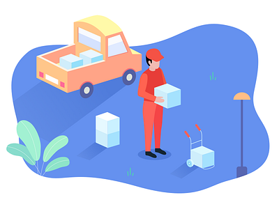 Delivery man app blue box car character courier deliveryman design illustration isometric ui ux