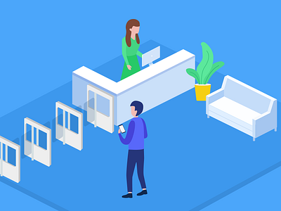 Enter the building app character design entrance illustration isometric man ui ux visit