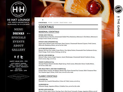 Hi Hat Lounge black and white interface large background menu photo background photography responsive restaurant secondary navigation typography web design