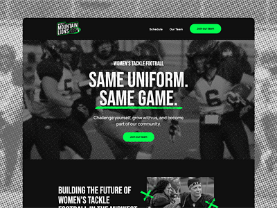 Women's Tackle Football Website branding business design design emerald design football website halftone photography midwest midwestern neon green website web design webflow design website sports womens tackle football