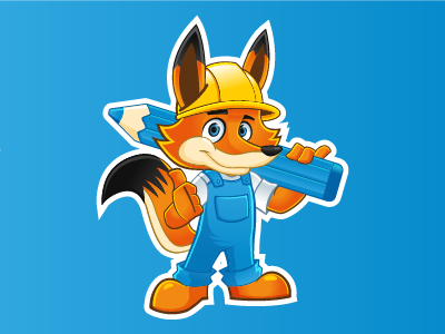 Fox Mascot blue fox fox cartoon fox character fox mascot little orange overall pencil smile thumbs up worker helmet