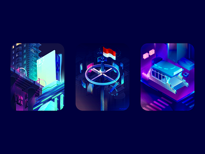 Neon City building city cityscape cyberpunk futuristic gradient illustration indonesia isometric light mrt music neon night poster scifi vector vibrant