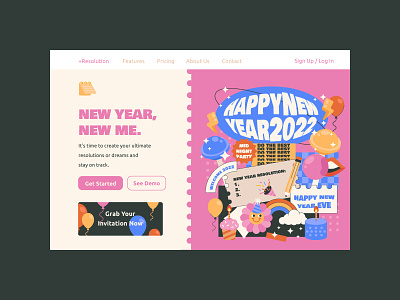 New Year, New Me cake chich flat design flower graphic design hippies illustration invitation landing page lip loli new year pink retro template vector