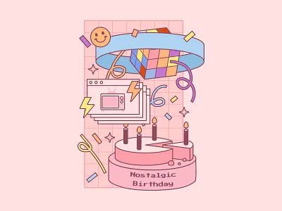 Nostalgic Birthday 90s adobe illustrator back to 90s bday birthday cake confetti emoticon flat design illustration landing page nostalgic party pastel pink retro sweet tv vector