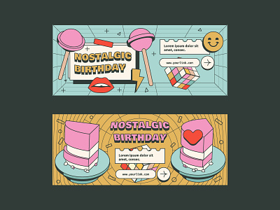 Horizontal and Vertical Banners of Nostalgic Birthday asset assets back to 90s banner birthday branding cake candy graphic design horizontal banner illustration isometric nostalgic party retro sweets vector vertical banner