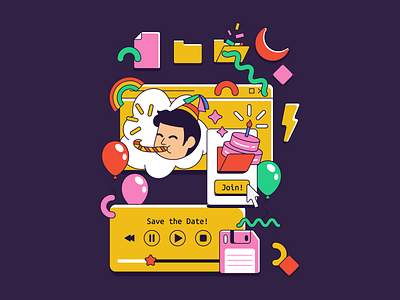 Nostalgic Birthday Illustration for Landing Pages 90s active adobe illustrator back to 90s birthday bold colorful graphic design hero image hipster illustration jacket landing page music player nostalgic party retro ui vector vibrant