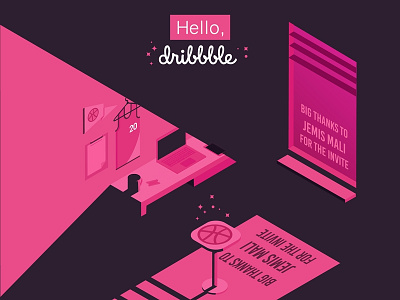 Hello Dribbble 3d debut first shot illustration isometric negative space room vector