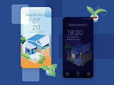 Lock Screen 2d 2disometric architecture building concept design day design home house illustration isometric mobile ui night plants screen time uidesign vector