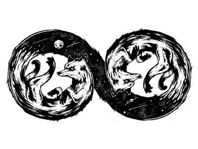 4xever black fox illustration infinity moon space stars white