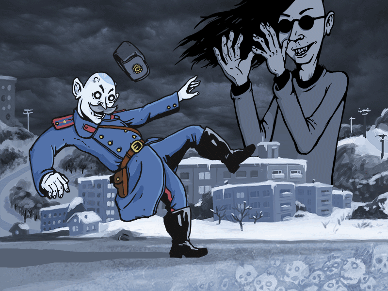 we are ice under the feet of the major! black glasses character civil defense ice illustration major omsk police punk snow song soulless syberia yegor letov