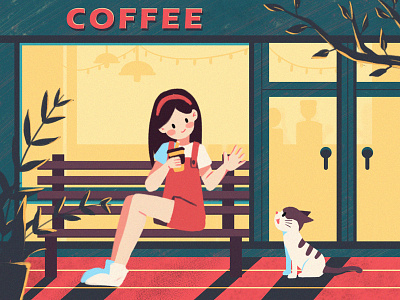 hello,little cat cat character coffee flat girl illustration light night phone plants shop