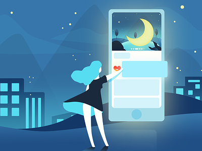 Illustrations About Mobile Phones character city girl illustration light moon night scenes star
