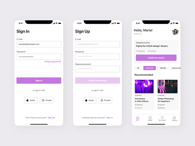 Sign In & Sign Up Screens app course courseapp design mobileapp onlinecourse ui ux