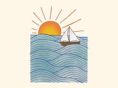 Sunrise boat hand drawn hand illustration ocean sea sun sunrise