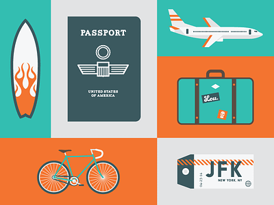 Traveling airplane bicycle iconographic icons illustration passport plane surfboard ticket travel