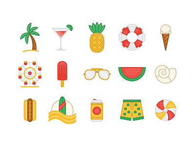 Summer Icons beach ball beer ferris wheel hotdog ice cream icons illustration popsicle summer summer icons vector watermelon