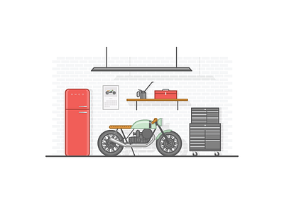 Garage cafe racer fridge garage illustration manly motorcycle oil tool box vector