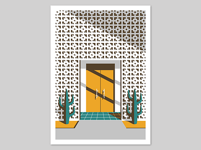 Through The Yellow Door cactus door illustration palm springs print scene vector