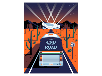The End of the Road // British GQ bus cactus desert editorial illustration route 66 stadium sunset tour west