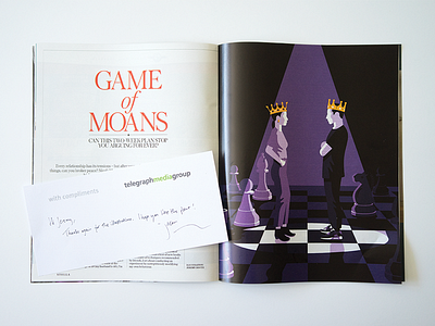 Game of Moans characters chess editorial illustration king magazine queen