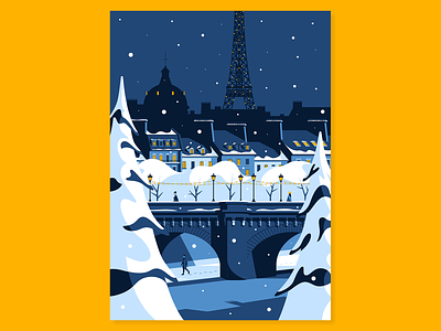 Winter in Paris bridge city illustration paris people snow tree vector winter