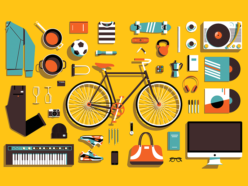 Double page illustration for Cord Magazine bike camera computer headphones illustration keyboard record player shoes vector vinyl